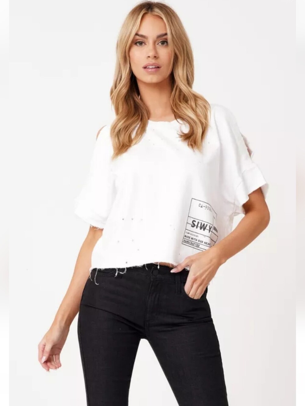 Siwy Denim Ivy Cold Shoulder Distressed Crop Top White Vintage Small NWOT